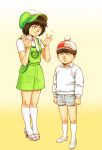  1boy 1girl akira alternate_costume breasts closed_mouth frown hat kaori_(akira) lafolie short_hair simple_background small_breasts smile 