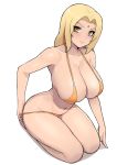  1girl absurdres arched_back bangs bare_shoulders bikini bikini_pull blonde_hair breasts cleavage closed_mouth collarbone diamond_(shape) donburikazoku facial_mark forehead_mark highres light_smile lips long_hair looking_at_viewer naruto_(series) navel orange_bikini parted_bangs pulled_by_self seiza simple_background sitting skindentation solo string_bikini swimsuit thighs tsunade white_background yellow_eyes 