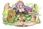  1girl :o armored_boots bangs boots braid breasts cleavage fingerless_gloves fullbokko_heroes gloves holding holding_shield holding_sword holding_weapon large_breasts lavender_hair leg_up long_hair multiple_braids official_art parted_bangs pelvic_curtain petticoat red_eyes ruins shield shigatake showgirl_skirt solo sword veil very_long_hair weapon 