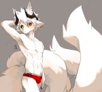  anthro black_sclera briefs bulge canid canine clothed clothing ear_piercing ear_ring fox fur grey_background hair heterochromia horn hybrid linlvjia male mammal multi_ear multi_tail navel piercing red_eyes short_hair simple_background solo topless underwear white_body white_fur white_hair yellow_eyes 