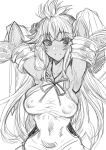  1girl absurdres ahoge armpits arms_behind_head arms_up bangs bare_shoulders blush breasts covered_nipples cowlick dark_skin detached_collar dress gggg granblue_fantasy greyscale halterneck highres large_breasts long_hair looking_at_viewer monochrome simple_background smile white_background zooey_(granblue_fantasy) 