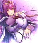  1girl bangs breasts dress fate/grand_order fate_(series) fur-trimmed_dress fur_trim hair_between_eyes headpiece holding holding_wand large_breasts looking_at_viewer purple_dress purple_hair purple_ribbon red_eyes ribbon scathach_(fate)_(all) scathach_skadi_(fate/grand_order) smile solo tiara wand zucchini 