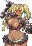  1girl absurdres bangs belt blonde_hair blush breasts cleavage dark_skin gauntlets gggg granblue_fantasy granblue_fantasy_versus hair_intakes hairband highres large_breasts long_hair looking_at_viewer miniskirt navel open_mouth polearm red_eyes simple_background skirt smile spear twintails weapon white_background zeta_(granblue_fantasy) 