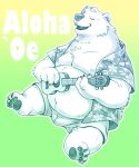  2020 anthro belly bottomwear bulge clothed clothing eyes_closed kemono male mammal moobs musical_instrument navel nipples open_shirt overweight overweight_male polar_bear shirt shorts solo text topwear ursid ursine zapapanda 