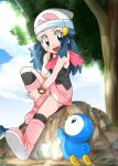  1girl aqua_eyes beanie blue_eyes blush cloud gen_4_pokemon hainchu hair_ornament hat hikari_(pokemon) long_hair open_mouth piplup pokemon pokemon_(creature) pokemon_(game) pokemon_dppt scarf skirt smile starter_pokemon tree 