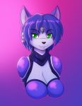  anthro blue_hair breasts bust_portrait canid canine cleavage clothed clothing conditional_dnp digital_media_(artwork) female fox gradient_background green_eyes hair kadath krystal looking_at_viewer mammal nintendo portrait short_hair simple_background smile solo star_fox video_games 