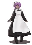  1girl alternate_costume apron bangs black_dress black_footwear blush boots closed_mouth dark_skin dress drop_shadow enmaided eyebrows_visible_through_hair fate/prototype fate/prototype:_fragments_of_blue_and_silver fate_(series) frilled_apron frills full_body hair_between_eyes hassan_of_serenity_(fate) head_tilt highres i.u.y long_sleeves looking_at_viewer maid maid_apron maid_headdress puffy_long_sleeves puffy_sleeves purple_eyes purple_hair solo standing sweat white_apron white_background 