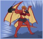  abs anthro blue_border border boxing_gloves breasts cleavage clothed clothing dragon female greasymojo handwear hi_res membrane_(anatomy) membranous_wings muscular muscular_female punching punching_bag red_body solo wings 