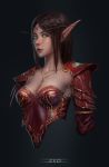  1girl breasts brown_hair cleavage commentary dress elf glowing glowing_eyes green_eyes headband highres jewelry necklace pointy_ears red_dress shoulder_pads simple_background solo tagme trungbui42 upper_body warcraft world_of_warcraft 