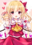  1girl :d arms_up bangs blonde_hair commentary_request cravat crepe eyebrows_visible_through_hair flandre_scarlet food frilled_shirt_collar frills fruit hair_ribbon hand_in_hair heart highres holding holding_food looking_at_viewer nagisa_shizuku no_hat no_headwear one_side_up open_mouth outline partial_commentary pink_background puffy_short_sleeves puffy_sleeves red_eyes red_skirt red_vest ribbon shirt short_hair short_sleeves skirt skirt_set smile solo standing strawberry touhou upper_body vest white_shirt wings wrist_cuffs yellow_neckwear 