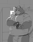  2020 anthro belly blush bulge canid canine clothing eating food hamagiato hi_res humanoid_hands kemono male mammal monochrome overweight overweight_male shirt solo topwear 