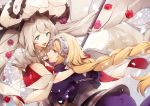  2girls armor black_ribbon blonde_hair blue_eyes bow braid capelet chain fate/apocrypha fate/grand_order fate_(series) frilled_hat frills gauntlets gloves hair_ribbon hat hat_bow headpiece jeanne_d&#039;arc_(fate) jeanne_d&#039;arc_(fate)_(all) large_hat long_hair looking_at_another marie_antoinette_(fate/grand_order) multiple_girls no-kan open_mouth purple_eyes ribbon silver_hair single_braid smile twintails white_bow 