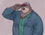  2020 anthro brown_body brown_fur clothing fur hat headgear headwear humanoid_hands male mammal overweight overweight_male p0sporo shirt simple_background solo topwear ursid 