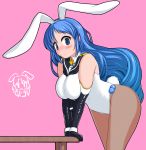  1girl adapted_costume alternate_breast_size animal_ears bangs black_gloves black_legwear blue_eyes blue_hair blush breasts bunny_ears bunny_girl bunny_tail elbow_gloves gloves jini_ya1 kantai_collection large_breasts long_hair meme_attire navel nipples nose_blush pink_background revealing_clothes reverse_bunnysuit reverse_outfit samidare_(kantai_collection) simple_background solo suzukaze_(kantai_collection) swept_bangs table tail very_long_hair 