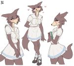  &lt;3 2020 5_fingers anthro beastars blush book bottomwear breasts canid canine canis clothed clothing female fingers footwear holding_object juno_(beastars) looking_at_viewer mammal purple_eyes reptilian_orbit school_uniform signature simple_background skirt smile solo uniform white_background wolf 