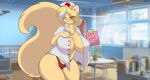  anthro big_breasts breasts cleavage clothed clothing coat female gloria mammal mastergodai mature_female nurse open_shirt partially_clothed rodent sciurid shirt sign solo text topwear underwear 