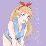  1girl blonde_hair blue_eyes breasts cleavage gundam hair_ribbon kikka_kitamoto long_hair looking_at_viewer mobile_suit_gundam older open_mouth ribbon shorts simple_background smile solo umeno_ryuuji 