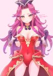  1girl angela_(seiken_densetsu_3) bare_shoulders breasts collarbone covered_navel gloves green_eyes headgear highres leotard long_hair miyamae_porin pointy_ears pout purple_hair red_leotard seiken_densetsu seiken_densetsu_3 solo wrist_cuffs 