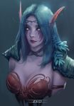  aqua_hair breasts cleavage commentary dress elf eyebrows headband highres night_elf pointy_ears purple_lips purple_skin red_dress sparkling_eyes tagme trungbui42 tyrande_whisperwind upper_body warcraft world_of_warcraft yellow_eyes 