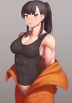  1girl abs bangs bare_shoulders black_hair black_tank_top blue_panties blunt_bangs breasts cleavage collarbone commentary_request en&#039;en_no_shouboutai eyebrows_visible_through_hair firefighter gradient gradient_background grey_background high_ponytail highres large_breasts looking_at_viewer maki_oze muscle muscular_female orange_overalls panties parted_lips purple_eyes putchers sidelocks skin_tight standing tank_top underwear 