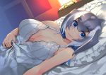 1girl blue_eyes blue_whale_(kemono_friends) breasts cleavage closed_mouth commentary_request dated eyebrows_visible_through_hair eyewear_removed glasses grey_hair happa_(cloverppd) kemono_friends large_breasts looking_at_viewer lying on_back on_bed pillow smile solo 