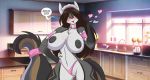  &lt;3 anthro areola black_nipples breasts brown_hair canid canine clothing female fox hair kitchen long_hair mammal mastergodai nipples romantic_ambiance solo speech_bubble text thong underwear 