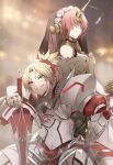  2girls black_veil blonde_hair breasts clarent dress elbow_gloves fate/apocrypha fate/grand_order fate_(series) frankenstein&#039;s_monster_(fate) gloves green_eyes grin hair_over_eyes headgear highres horn long_sleeves looking_at_viewer medium_breasts medium_hair mordred_(fate) mordred_(fate)_(all) multiple_girls no-kan one_eye_closed pink_hair short_hair smile white_dress white_gloves 