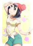  1girl absurdres beanie black_hair blue_eyes blush contrapposto cowboy_shot floral_print hat highres looking_at_viewer midriff mizuki_(pokemon) negimiso1989 pokemon pokemon_(game) pokemon_sm pose shirt short_hair shorts smile solo tied_shirt v 