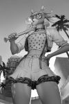  2:3 anthro baseball_bat bat_(object) bell bottomwear breasts bubble_gum cervid choker clothing eyewear female freckles glasses greyscale hand_on_hip hi_res jewelry jingle_bell looking_at_viewer mammal monochrome necklace skirt small_breasts solo wildering 