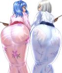  2girls ass ass_focus blue_eyes blue_hair blue_kimono double_bun eyebrows_visible_through_hair festival floral_print hair_ornament hairclip hamakaze_(kantai_collection) japanese_clothes kantai_collection kimono leaning_forward looking_at_another multiple_girls panties pink_kimono print_kimono see-through shooting_gallery short_hair silver_hair simple_background striped striped_panties summer_festival underwear urakaze_(kantai_collection) white_background yukata zanntetu 