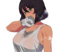  1girl black_hair blush breasts covered_nipples girls_und_panzer gloves green_eyes hair_between_eyes highres hoshino_(girls_und_panzer) iku_(ikuchan_kaoru) large_breasts see-through short_hair solo sweat tan tank_top upper_body white_background white_gloves white_tank_top 