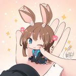  1boy 1girl :d amiya_(arknights) animal_ear_fluff animal_ears arknights ascot bangs beni_shake between_legs black_jacket blue_eyes blue_skirt brown_background brown_hair bunny_ears cheek_poking chibi closed_mouth commentary_request doctor_(arknights) eyebrows_visible_through_hair gradient gradient_background grey_neckwear hair_between_eyes hand_between_legs heart hood hood_down hooded_jacket in_palm jacket long_hair long_sleeves looking_at_viewer low_ponytail minigirl one_eye_closed open_clothes open_jacket open_mouth out_of_frame poking ponytail shirt sidelocks signature sitting skirt smile solo_focus spoken_heart star starry_background tagme very_long_hair white_background white_shirt 