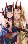 2girls bangs bare_shoulders blazpu blush bob_cut breasts collarbone eyeliner fate/grand_order fate_(series) headpiece highres horns japanese_clothes kimono long_hair long_sleeves looking_at_viewer makeup multiple_girls oni oni_horns open_mouth purple_eyes purple_hair purple_kimono revealing_clothes short_hair shuten_douji_(fate/grand_order) skin-covered_horns small_breasts smile wide_sleeves 