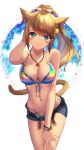  1girl animal_ears arm_up bare_shoulders belt bikini blonde_hair blue_shorts bracelet breasts cat_ears cat_girl cat_tail cleavage collarbone commentary_request cosplay cowboy_shot denim denim_shorts earrings facial_mark final_fantasy final_fantasy_xiv front-tie_bikini front-tie_top fujiya_takao green_eyes hair_ornament halter_top halterneck hand_on_own_thigh highres idolmaster idolmaster_cinderella_girls jewelry large_breasts long_hair looking_at_viewer miqo&#039;te mole mole_under_eye navel necklace ootsuki_yui ootsuki_yui_(cosplay) open_fly ponytail rainbow_bikini short_shorts shorts side-tie_bikini smile solo standing stomach swimsuit tail thighs 