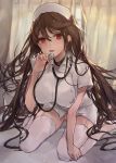  1girl bangs breasts brown_hair choker consort_yu_(fate) dress earrings fate/grand_order fate_(series) hat highres jewelry large_breasts long_hair looking_at_viewer multiple_earrings nurse nurse_cap open_mouth red_eyes short_dress short_sleeves sitting solo stethoscope thighhighs very_long_hair wariza white_legwear yok01 