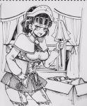  1girl aosa_(momikin) bangs blunt_bangs box breasts capelet curtains garter_straps glasses greyscale headdress highres holding indoors kantai_collection long_sleeves monochrome open_mouth pince-nez pleated_skirt roma_(kantai_collection) short_hair skirt solo thighhighs traditional_media window 