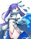  1girl bikini blue_eyes bow cowboy_shot fate/extra fate/extra_ccc fate/grand_order fate_(series) flat_chest hair_bow highres jacket long_hair looking_at_viewer meltryllis micro_bikini midriff navel pi_(p77777778) purple_hair revealing_clothes simple_background sleeves_past_wrists solo swimsuit white_background white_bow white_jacket 