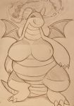  &lt;3 &lt;3_eyes 2020 anthro big_breasts breasts claws curemitsuba dragon dragonite female gigantamax_pok&eacute;mon hi_res licking licking_lips looking_at_viewer membrane_(anatomy) membranous_wings monochrome nintendo nipples non-mammal_breasts pok&eacute;mon pok&eacute;mon_(species) scalie simple_background sketch smile solo tongue tongue_out traditional_media_(artwork) video_games wings 