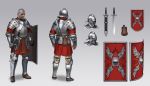  1boy armor bald breastplate faulds full_armor gauntlets greaves helmet holding holding_shield knight looking_at_viewer original pauldrons roman_numerals sam_kim sheath sheathed shield shoulder_armor solo sword unsheathed weapon 