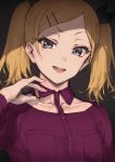  1girl bangs blonde_hair breast_pocket collared_shirt eyebrows_visible_through_hair eyelashes hair_ornament hair_ribbon hairclip haoni highres long_sleeves mole mole_under_eye open_mouth pocket ribbon shirobako shirt simple_background solo twintails upper_body yano_erika 