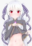  1girl absurdres artia bangs blush cleavage_cutout clothes_lift embarrassed eyebrows_visible_through_hair highres hololive hololive_china long_hair long_sleeves looking_at_viewer mero_(ly21207) navel parted_bangs red_eyes solo tears virtual_youtuber white_hair 