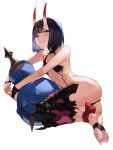  1girl bangs bare_shoulders barefoot_sandals blazpu bob_cut breasts collarbone eyeliner fate/grand_order fate_(series) headpiece highres horns looking_at_viewer makeup oni oni_horns purple_eyes purple_hair revealing_clothes short_hair shuten_douji_(fate/grand_order) skin-covered_horns small_breasts 