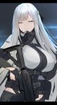 1girl ak-12 ak-12_(girls_frontline) assault_rifle black_gloves black_ribbon breasts closed_eyes feet_out_of_frame girls_frontline gloves gun hair_ribbon hayabusa highres large_breasts light_smile long_hair mask mask_around_neck mouth_mask night night_sky pants parted_lips ribbon rifle silver_hair sky solo tactical_clothes very_long_hair weapon 