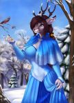  5_fingers anthro avian bird breasts brown_hair cervid clothed clothing day detailed_background ear_piercing ear_ring elvofirida eyebrows eyelashes female fingers hair hi_res mammal outside piercing sky smile 