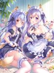  2girls alternate_costume animal_ears aoba_chise aoba_project aoba_rena apron bare_shoulders black_dress blue_hair breasts cake cleavage cream detached_sleeves dress enmaided food fox_ears fox_tail frilled_dress frills kemonomimi_mode large_breasts leg_garter long_hair looking_at_viewer maid maid_apron maid_headdress multiple_girls open_mouth purple_eyes red_eyes sakura_moyon silver_hair sitting slice_of_cake smile spoon tail thighs tray twintails 