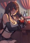  1girl alcohol bangs bare_shoulders black_hair black_skirt blush breasts brown_eyes brown_hair cleavage commentary_request cup drinking_glass earrings elbow_gloves eyebrows_visible_through_hair final_fantasy final_fantasy_vii fingerless_gloves gloves highres holding holding_cup jewelry jmao large_breasts long_hair looking_at_viewer low-tied_long_hair navel panties red_eyes red_wine skirt solo suspender_skirt suspenders tank_top tifa_lockhart underwear upper_teeth white_panties wine wine_glass 