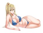  1girl absurdres bikini blonde_hair blue_bikini blue_eyes breasts cleavage commentary_request full_body highres large_breasts long_hair looking_at_viewer lying metroid on_side ponytail samus_aran simple_background solo super_smash_bros. swimsuit tamamon white_background 