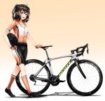  1girl adapted_costume alternate_costume bicycle bicycle_helmet bike_shorts blush breasts brown_eyes brown_legwear eyebrows_visible_through_hair fingerless_gloves full_body gloves gradient gradient_background ground_vehicle hair_ornament helmet highres kantai_collection kazu_(really_in_hot_water_now) long_hair looking_at_viewer open_mouth sendai_(kantai_collection) small_breasts smile socks solo sportswear two_side_up 