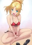  1girl barefoot bikini black_footwear blonde_hair bracelet breasts cleavage collarbone fate/apocrypha fate/grand_order fate_(series) front-tie_bikini front-tie_top full_body green_eyes indian_style jewelry long_hair looking_at_viewer medium_breasts mokyumokyuchan mordred_(fate) mordred_(fate)_(all) mordred_(swimsuit_rider)_(fate) open_mouth ponytail red_bikini round_teeth sandals_removed side-tie_bikini sitting smile solo string_bikini swimsuit teeth upper_teeth 