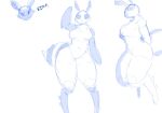  anthro arthropod bee breasts featureless_breasts female gesture goonie-san hands_behind_back huge_thighs hymenopteran insect looking_at_viewer looking_down mercy_(goonie-san) multiple_images sketch solo thick_thighs waving wide_hips 